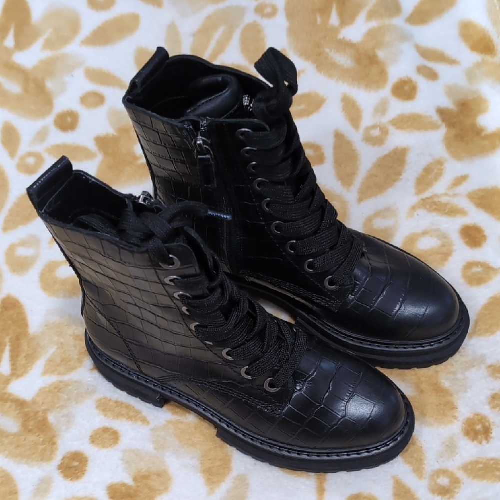 Kurt Geiger London Black Croc Embossed Combat Boots Lace Up Ankle Boots 38